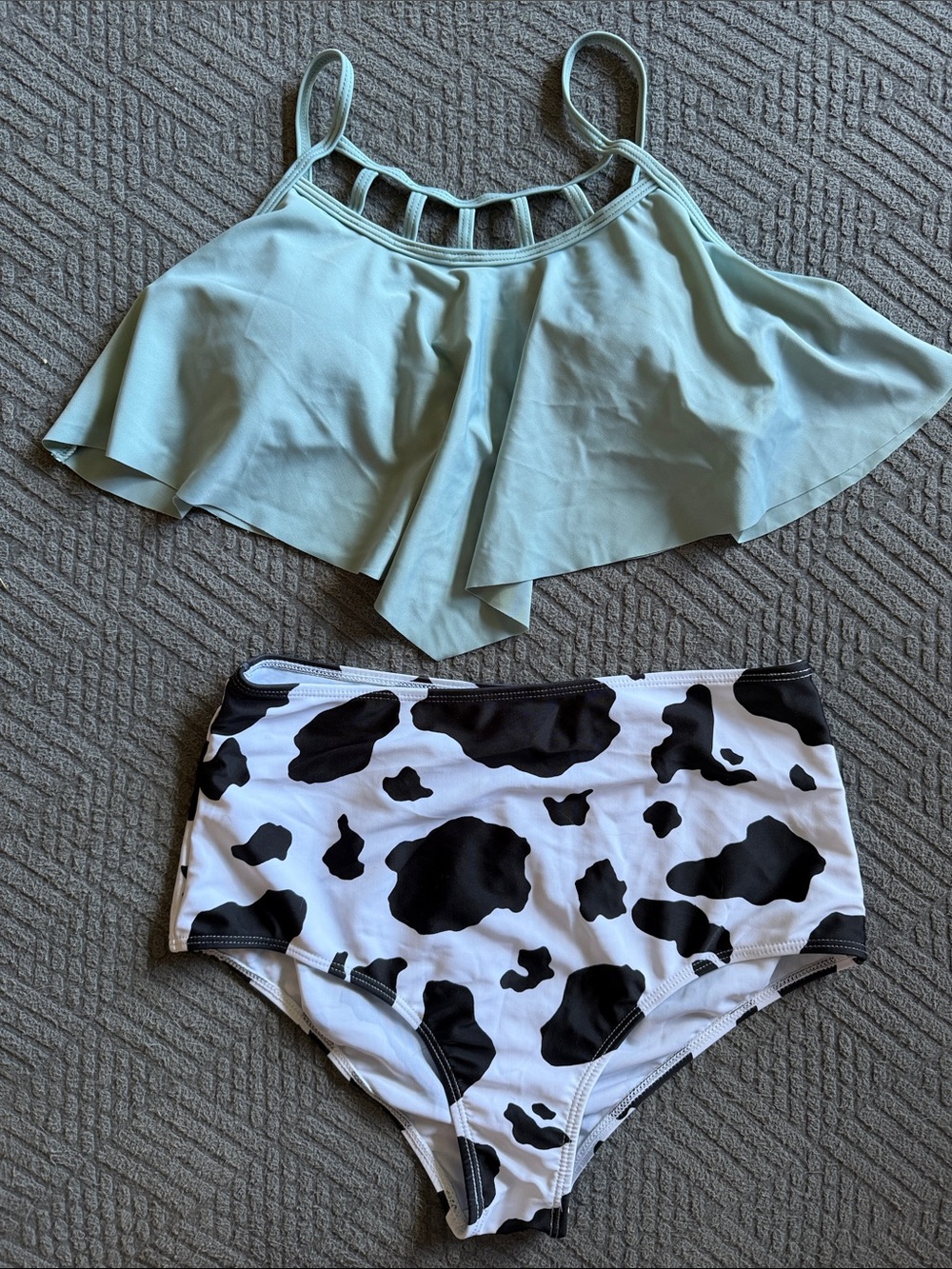 Two-Piece Swim Set - Light Mint Top & Black/White Cow-Print Bottoms